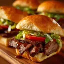 Cowboy Butter steak sliders served on a platter with fresh toppings
