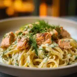 Creamy Dill Salmon Pasta dish with vibrant herbs and pasta on a plate