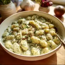 Delicious creamy garlic pesto gnocchi served in a rustic bowl