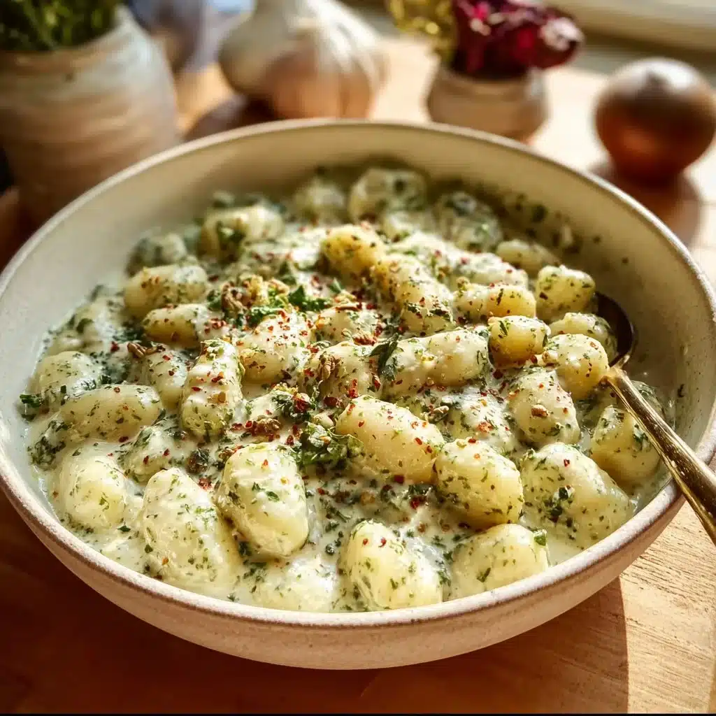 Delicious creamy garlic pesto gnocchi served in a rustic bowl