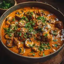 Bowl of creamy Hungarian Mushroom Paprikash topped with fresh parsley
