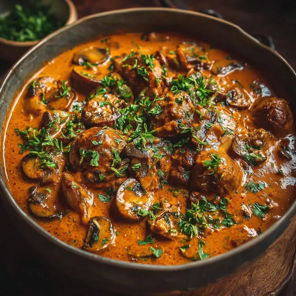 Bowl of creamy Hungarian Mushroom Paprikash topped with fresh parsley