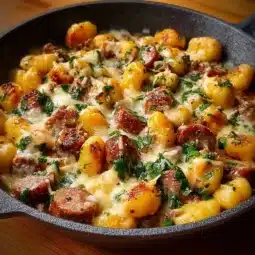 Creamy Kielbasa Gnocchi Skillet with sausage and herbs in a skillet dish