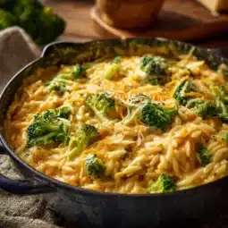 Creamy one pot broccoli cheddar orzo served in a bowl.