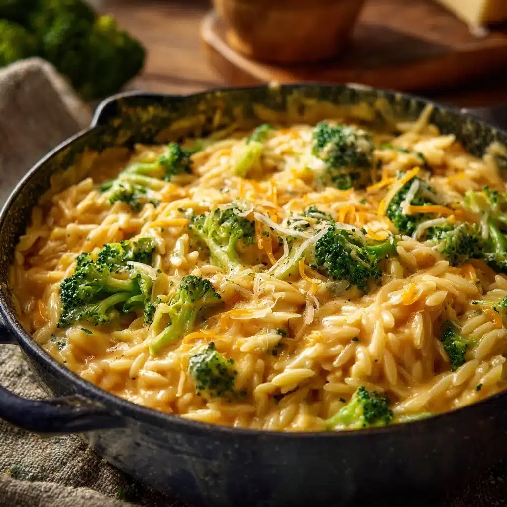 Creamy one pot broccoli cheddar orzo served in a bowl.