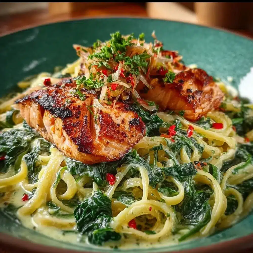 Creamy spinach and hot smoked salmon pasta served in a bowl with herbs