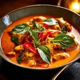 Creamy Thai Red Curry Chicken served in a bowl with fresh herbs and spices.