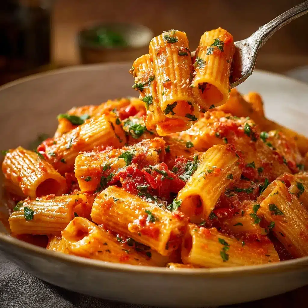 Creamy tomato garlic pasta in a bowl garnished with parsley