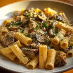 Creamy Tuscan mushroom pasta skillet garnished with herbs and mushrooms