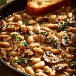 Creamy white bean and mushroom skillet dish made with fresh ingredients.