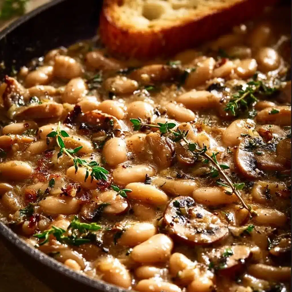 Creamy white bean and mushroom skillet dish made with fresh ingredients.