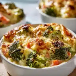 Creamy winter vegetable casserole topped with cheese and herbs