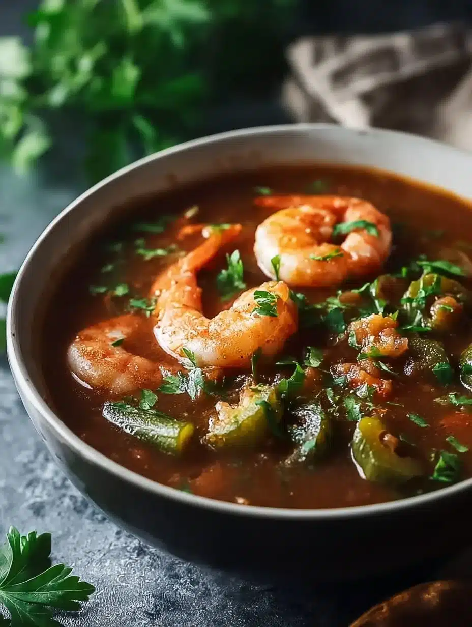 A bowl of steaming Creole seafood gumbo with shrimp, crab, and spices.