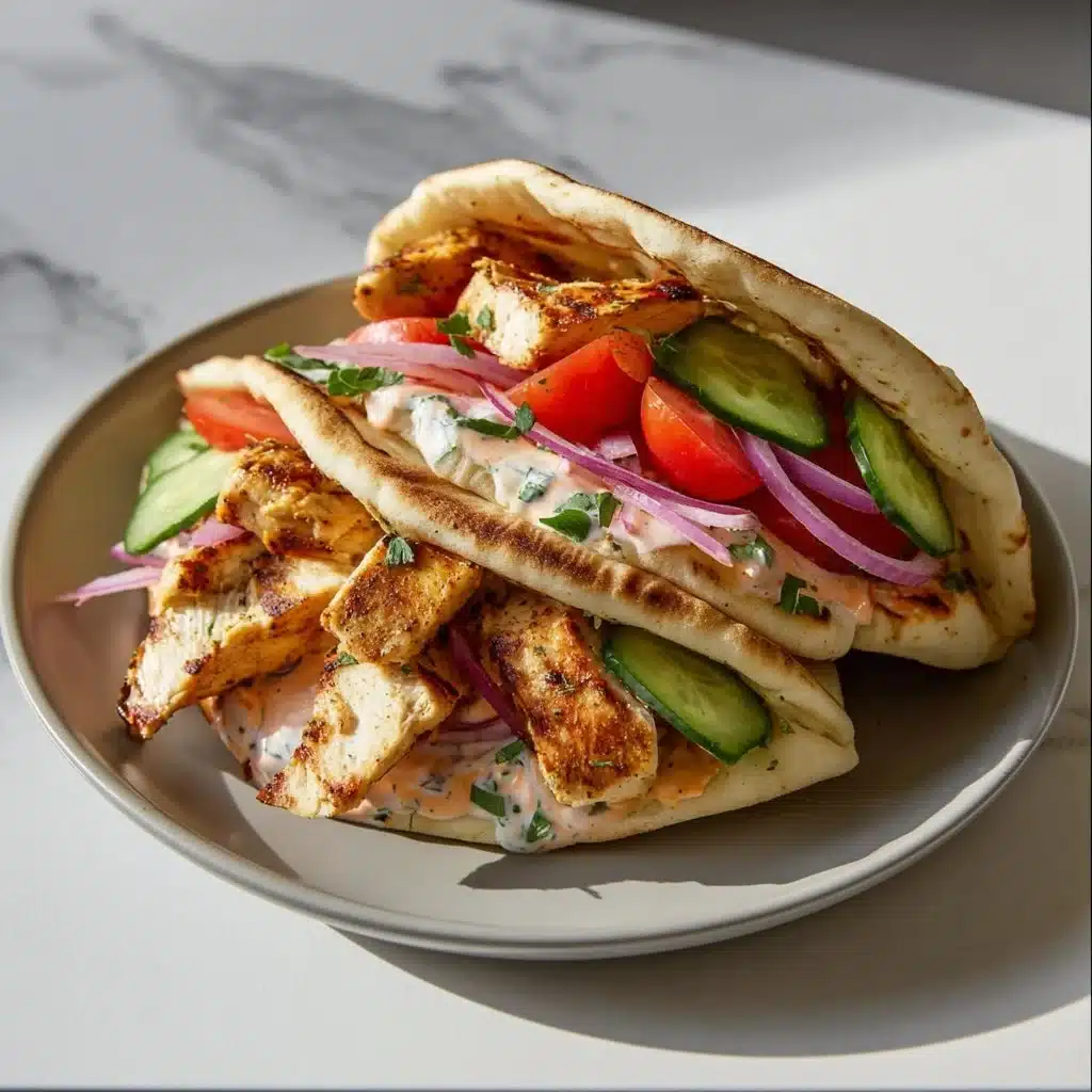 Crockpot Greek Chicken Pitas served with Tzatziki sauce on a plate.
