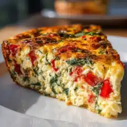 Slice of flavorful crustless quiche with vegetables and cheese