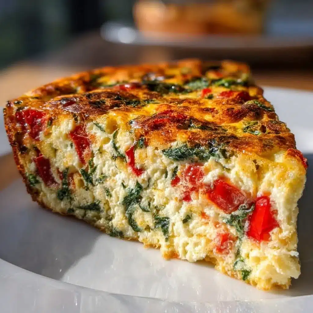Slice of flavorful crustless quiche with vegetables and cheese