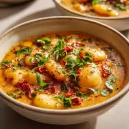 Bowl of Dairy-Free Sun Dried Tomato Gnocchi Soup with fresh herbs