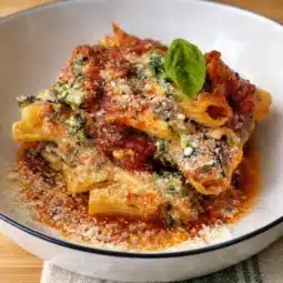Baked Ziti with Ricotta and Mozzarella topped with melted cheese and herbs.