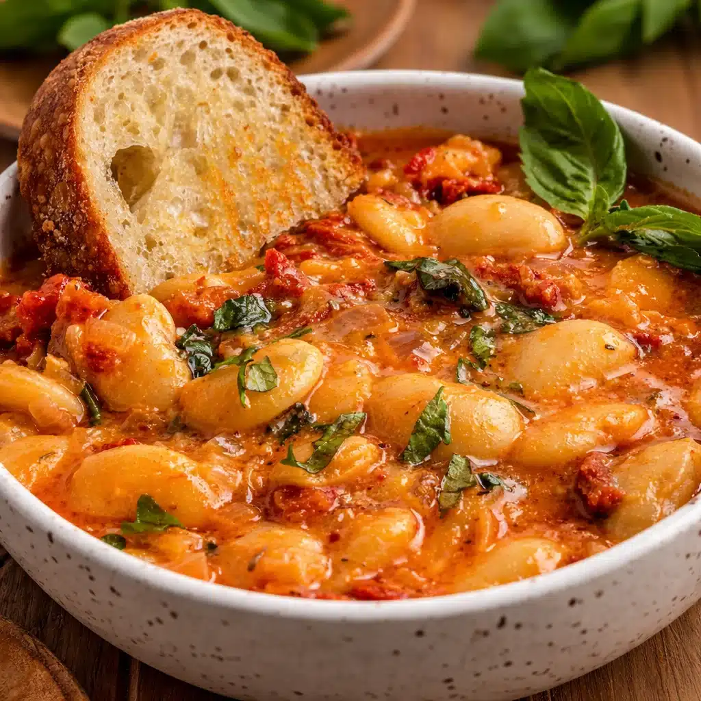Creamy Tuscan butter beans with spinach and sun-dried tomatoes in a flavorful sauce.