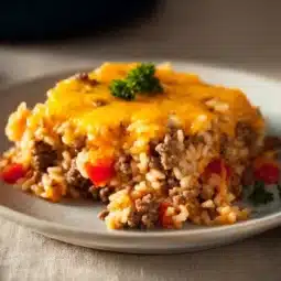 Deliciously cheesy hamburger rice casserole ready to serve in a baking dish.