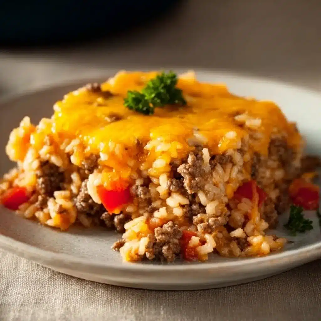 Deliciously cheesy hamburger rice casserole ready to serve in a baking dish.