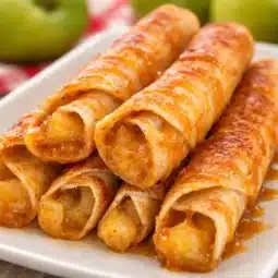 Delicious caramel apple taquitos drizzled with caramel sauce and served warm.