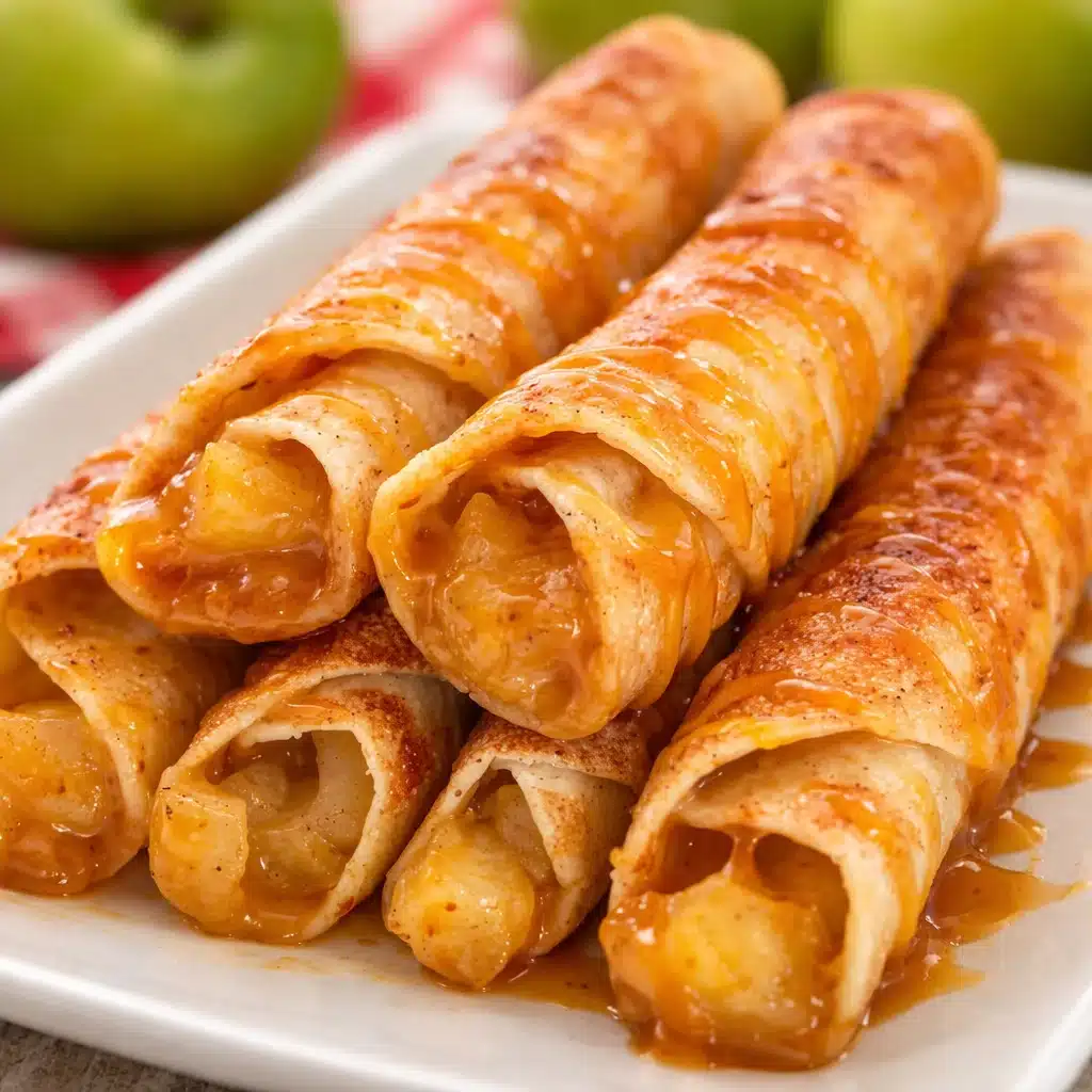 Delicious caramel apple taquitos drizzled with caramel sauce and served warm.