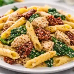 Creamy Tuscan Garlic Chicken Pasta with spinach and sun-dried tomatoes served on a plate.