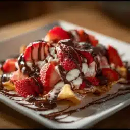 Plate of dessert nachos topped with chocolate, fruits, and whipped cream.