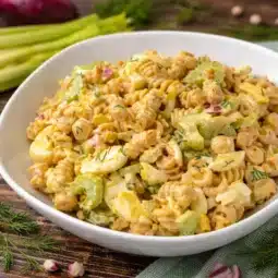 Creamy Deviled Egg Chickpea Pasta Salad with fresh ingredients and tangy dressing.