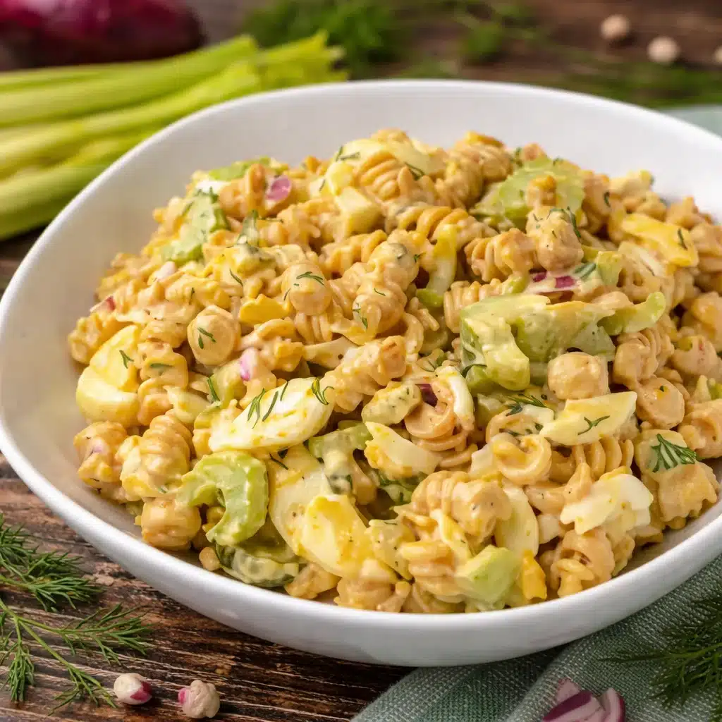 Creamy Deviled Egg Chickpea Pasta Salad with fresh ingredients and tangy dressing.