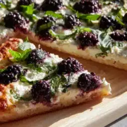 Elegant Blackberry Basil Ricotta Pizza topped with fresh basil and blackberries
