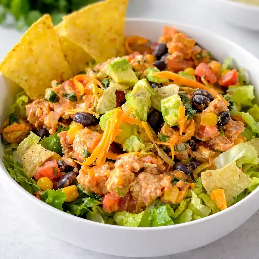 High-Protein Southwest Chicken Salad with grilled chicken and fresh vegetables served in a bowl.