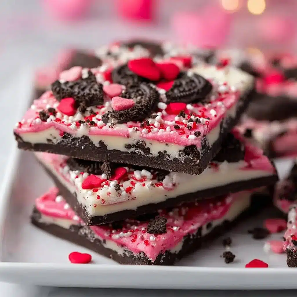 Delicious Epic Valentine's Oreo Bark with chocolate and crushed Oreos