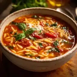 Bowl of fire-roasted tomato basil orzo soup with fresh herbs and ingredients.