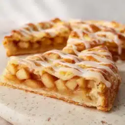 Flaky apple pie bars topped with a golden crust and apple filling.