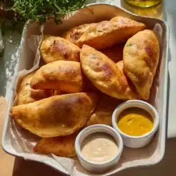 Freshly baked fried buns served on a plate with dipping sauce