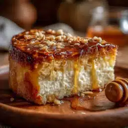 A delicious slice of German Bee Sting Cake topped with almonds and cream filling.