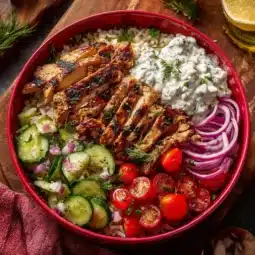 Healthy Greek Chicken Bowl with fresh vegetables and flavorful dressing