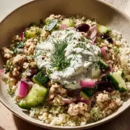 Delicious healthy Greek ground chicken bowls with fresh ingredients and seasoning