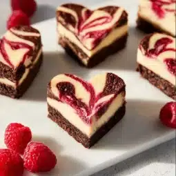 Heart-shaped brownies topped with colorful sprinkles on a white plate