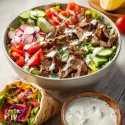 Homemade Doner Kebab served with fresh vegetables and sauce