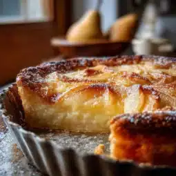Homemade pear custard pie with fresh pears and creamy custard filling