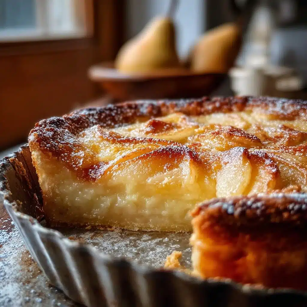 Homemade pear custard pie with fresh pears and creamy custard filling