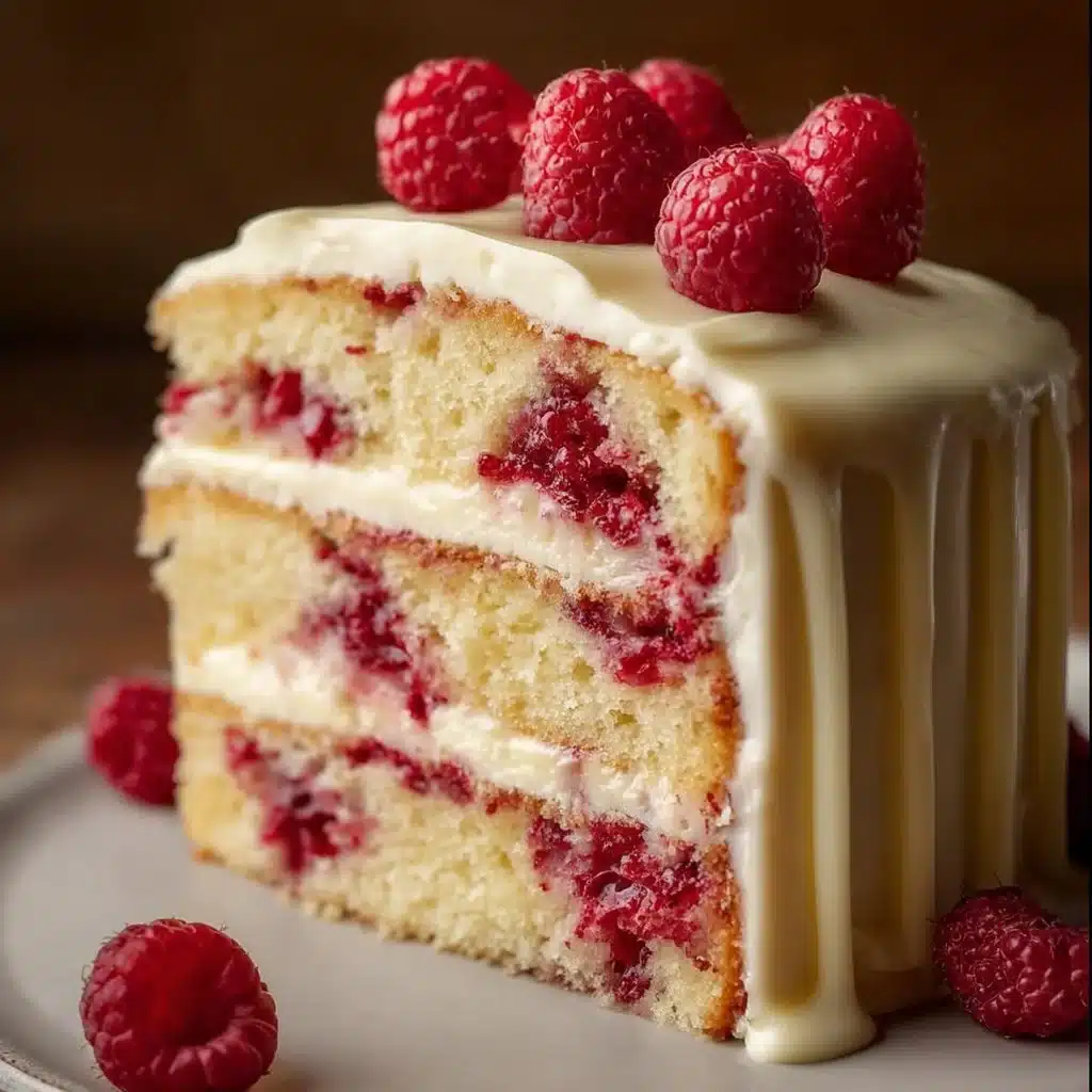 Delicious homemade white chocolate raspberry cake topped with fresh raspberries