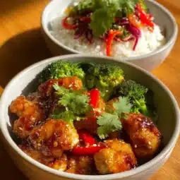 Hot Honey Chicken Bowl with rice and vegetables