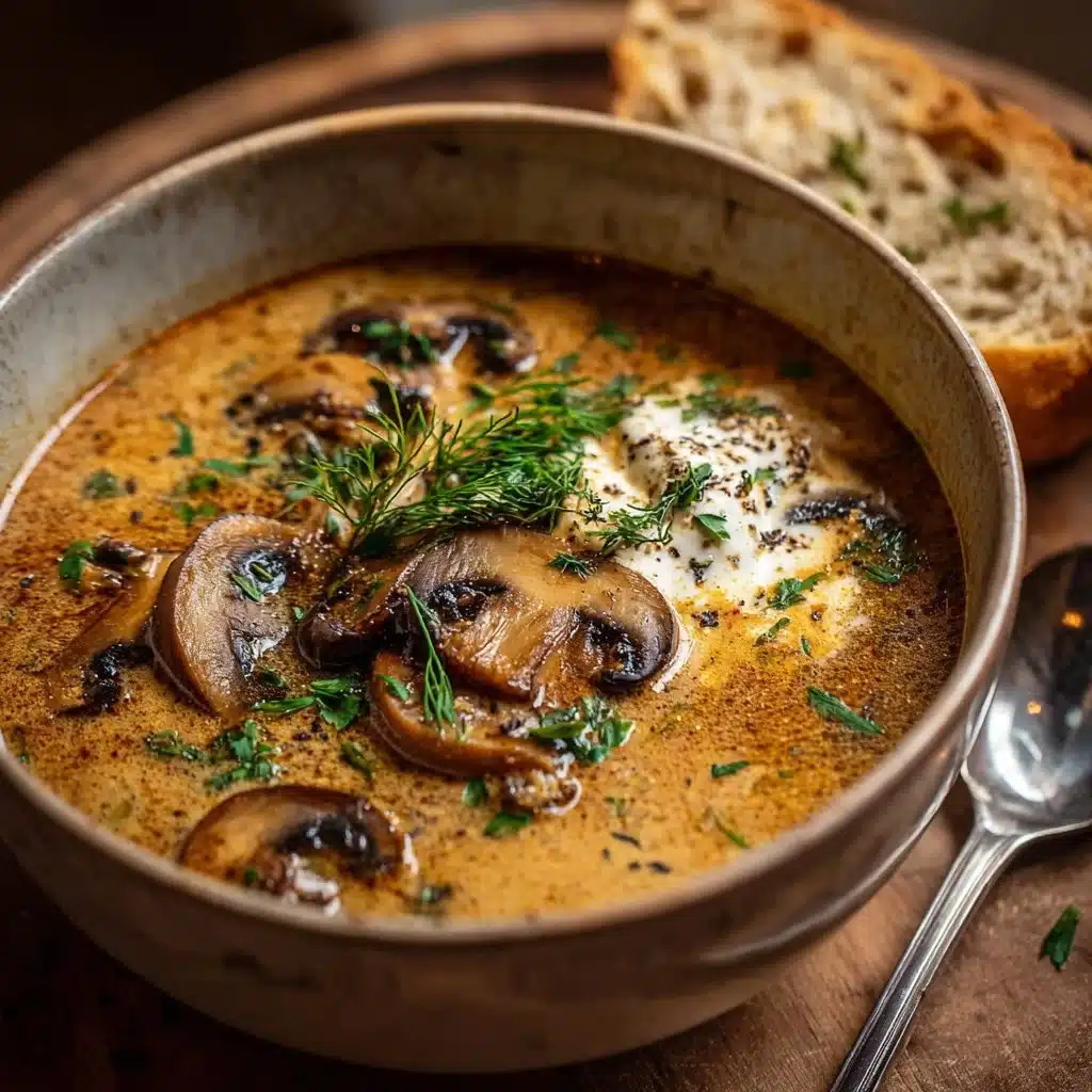 Bowl of delicious Hungarian Mushroom Soup topped with fresh herbs and spices