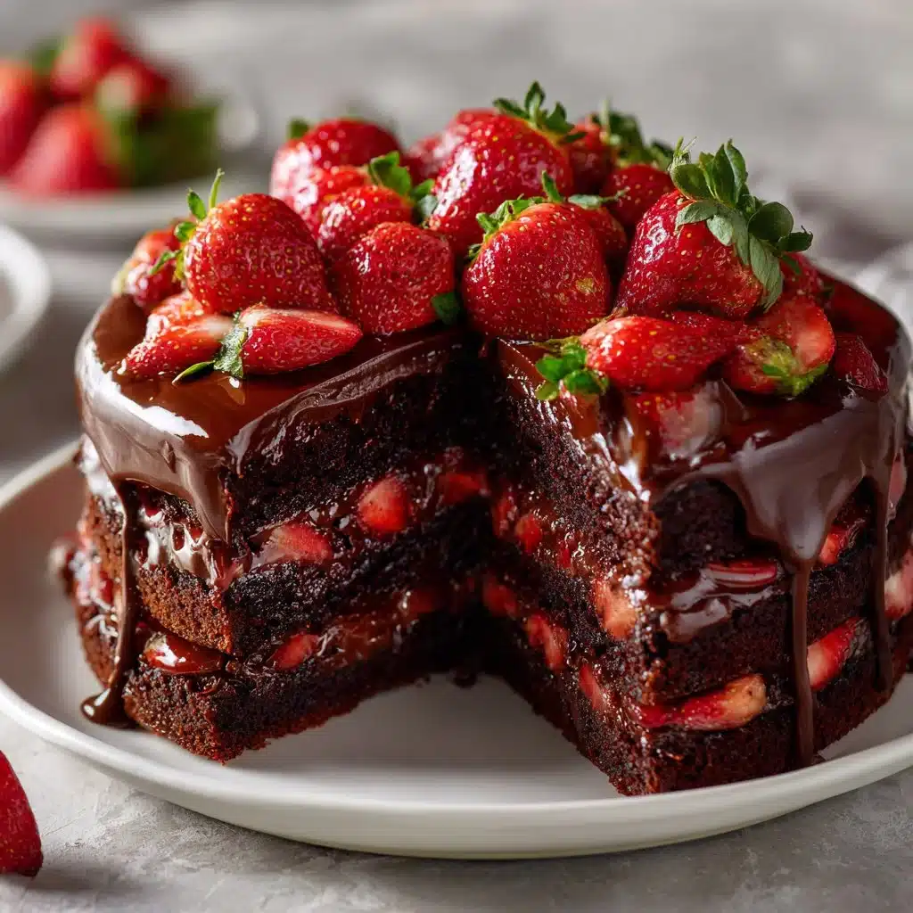 Indulgent strawberry chocolate shell cake with fresh strawberries and chocolate glaze.