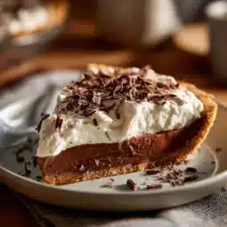 Delicious Irish Coffee Pie topped with whipped cream and chocolate shavings