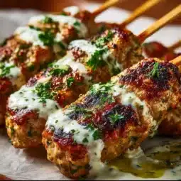 Juicy Chicken Koftas served with creamy garlic yogurt sauce on a plate